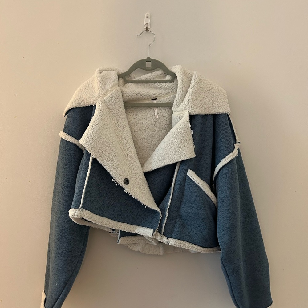 Free People Blue and Cream Teddy Jacket